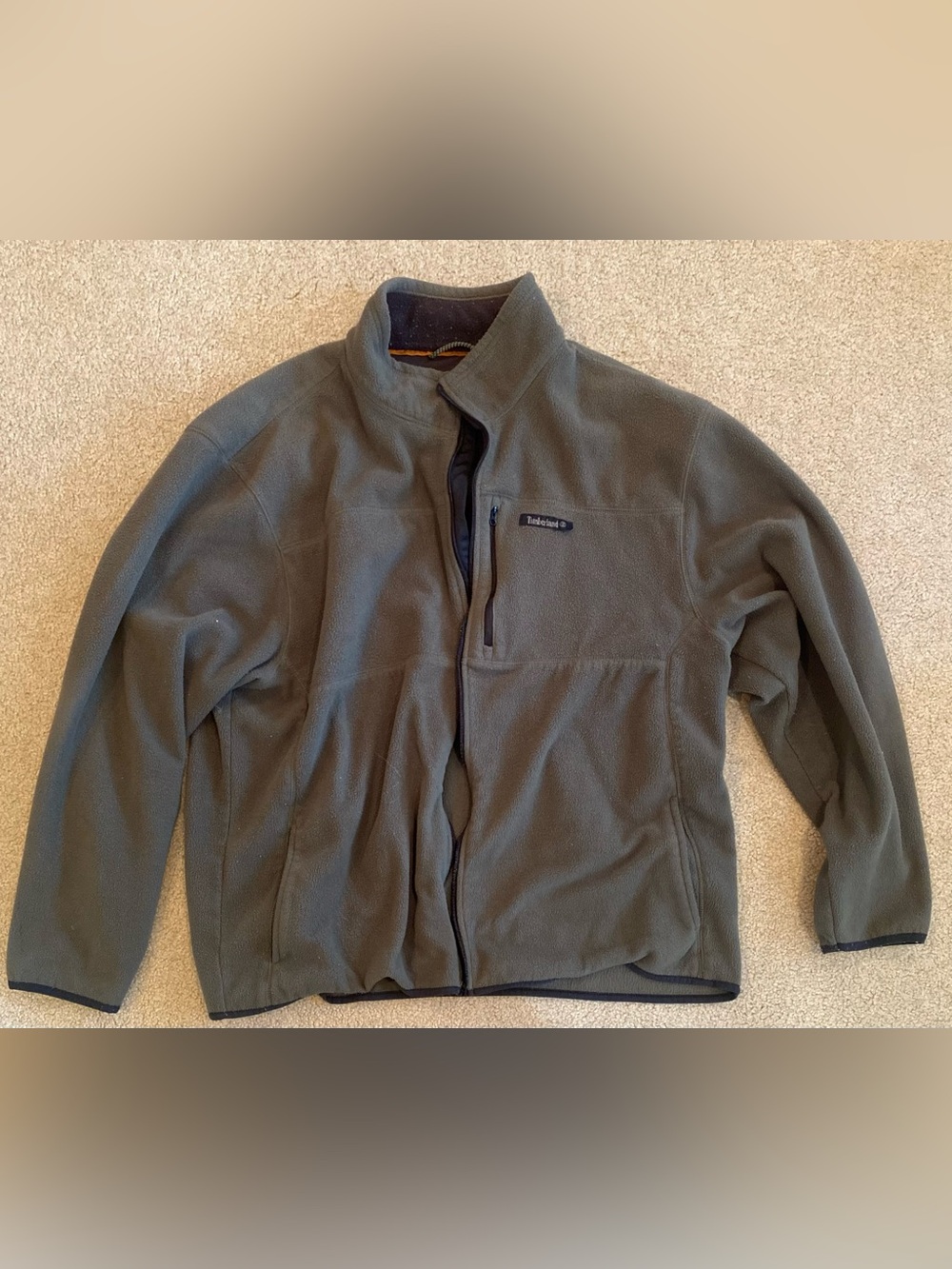 Timberland Men's Olive Fleece Jacket 2XL Stand-Up Collar Logo Accent- Broken Zip